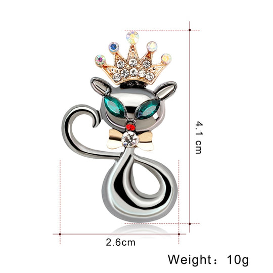 Cat Brooch - Fancy Enamel Cat Pin With Rhinestone Crown