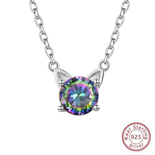 Sterling Silver Cute Cat Ears Shape Mystic Rainbow Topaz Crystal Necklace - Cat Necklace