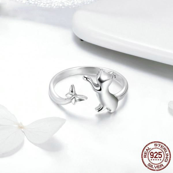Sterling Silver Cat and Butterfly Ring - Adjustable Size Ring