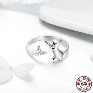 Sterling Silver Cat and Butterfly Ring - Adjustable Size Ring