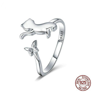 Sterling Silver Cat and Butterfly Ring - Adjustable Size Ring